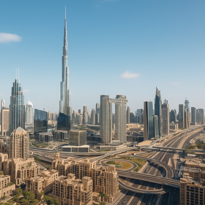 A scenic view of Dubai city with iconic hotels, skyscrapers, and modern architecture under a bright sky, representing luxury and hospitality.