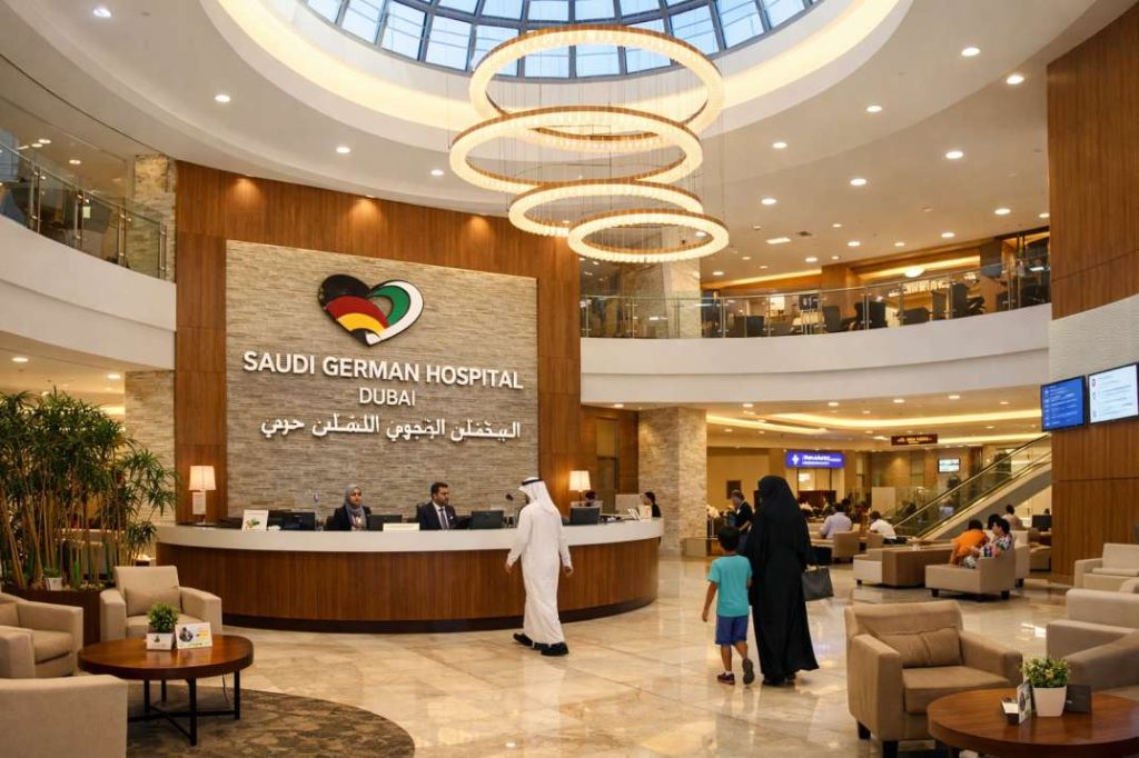 Interior view of Saudi German Hospital Dubai showing the reception area with staff, modern seating, patients, and a bright, spacious lobby with circular ceiling lights and natural lighting from a skylight