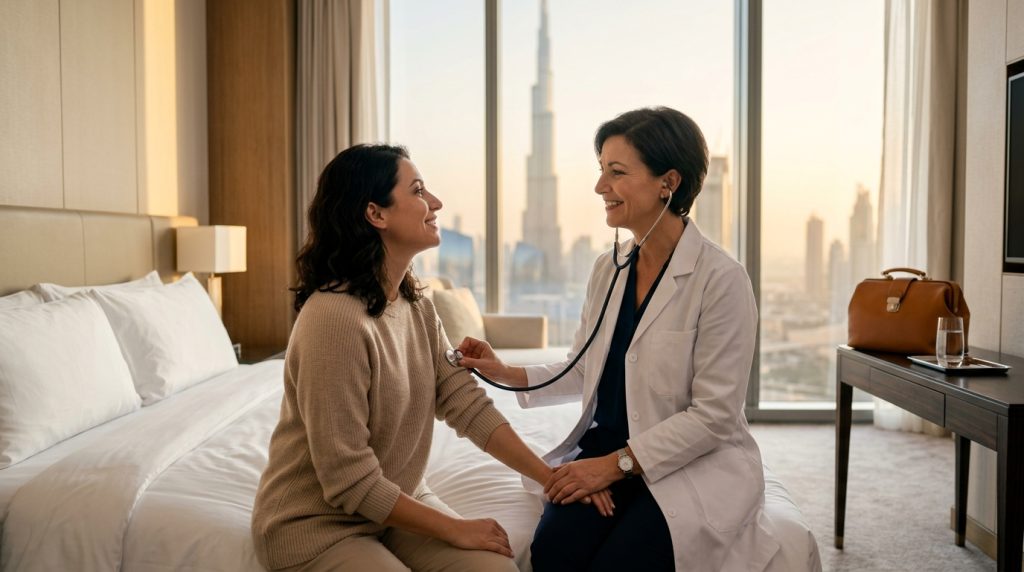 Doctor at hotel in Dubai checking a guest with a stethoscope in a hotel room with skyline view