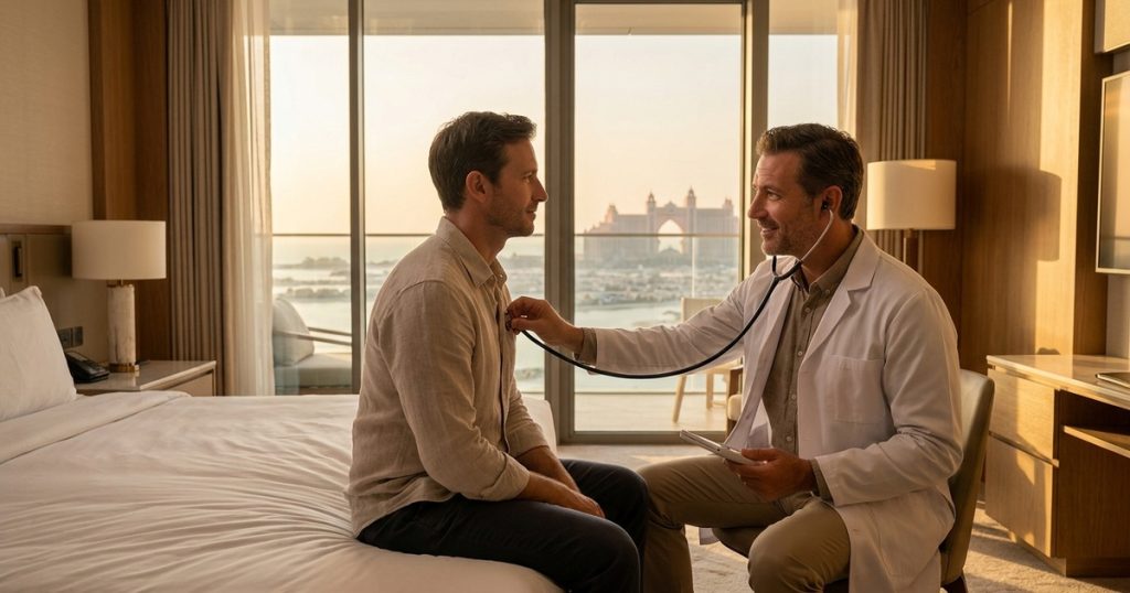 Doctor visiting a hotel suite in Palm Jumeirah, Dubai